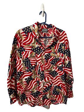 Roughrider Long Sleeve Button-Up Shirt Large American Flag & Eagle Print